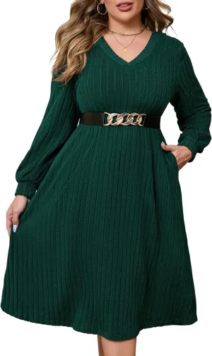 ShopWonder Womens Plus Size V-Neck Lantern Long Sleeve Casual Loose Winter Pullover Sweater Midi Dresses with Belt