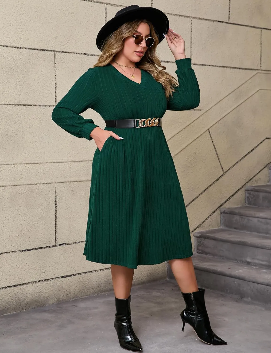 ShopWonder Womens Plus Size V-Neck Lantern Long Sleeve Casual Loose Winter Pullover Sweater Midi Dresses with Belt