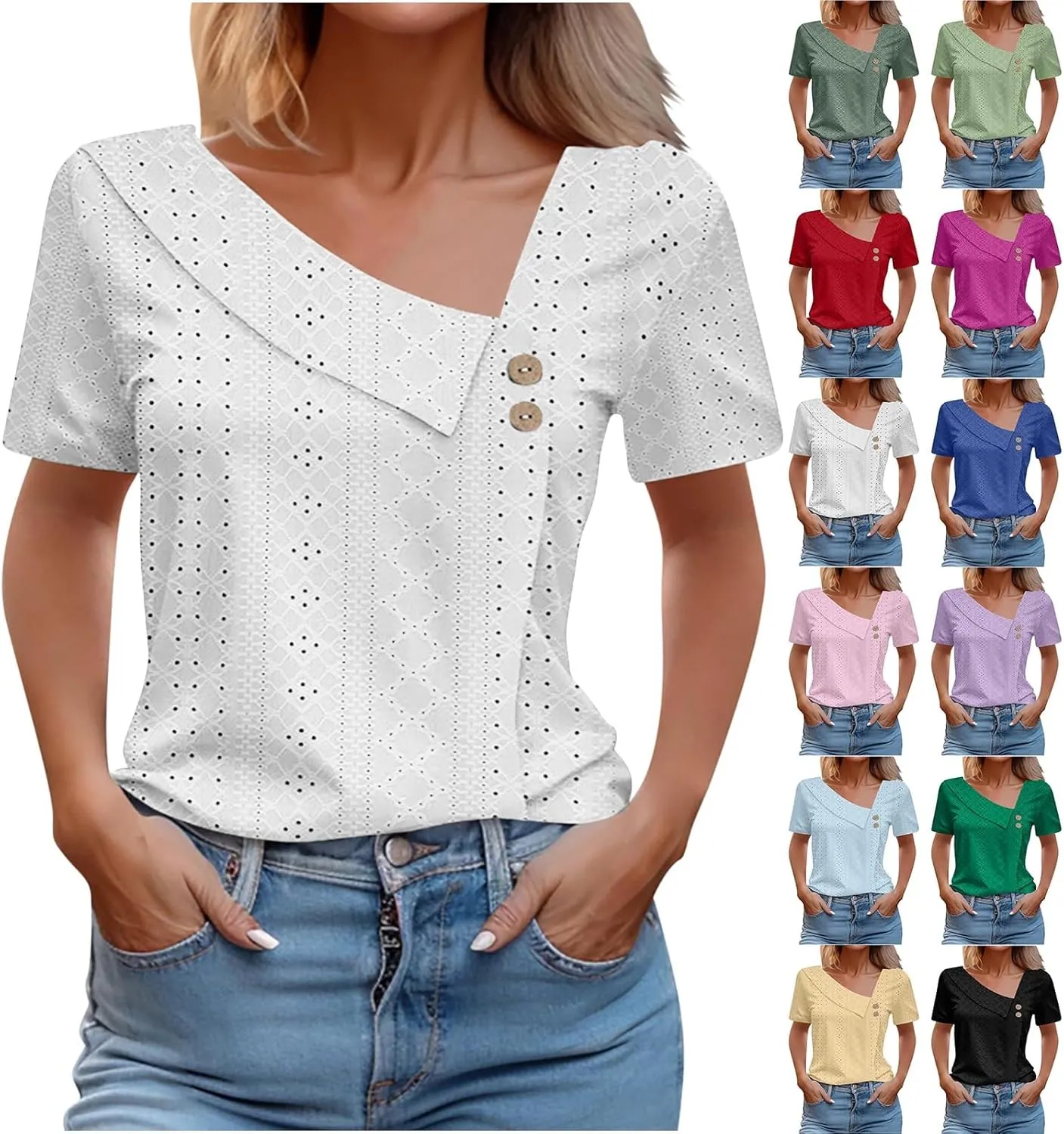 Short Sleeve Blouses for Women Trendy Elegant Dressy Casual Eyelet Shirts Solid Color V Neck Loose Fitted Eyelet Tops