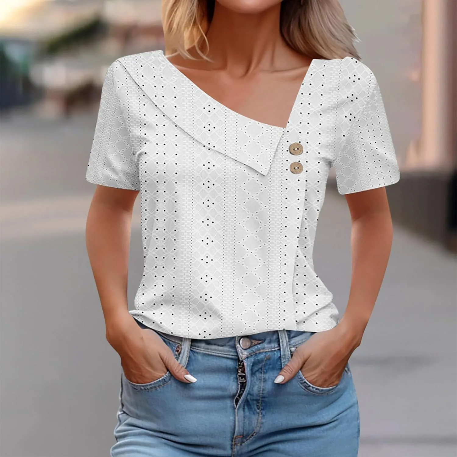 Short Sleeve Blouses for Women Trendy Elegant Dressy Casual Eyelet Shirts Solid Color V Neck Loose Fitted Eyelet Tops