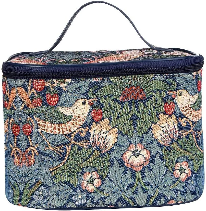 Signare Tapestry Toiletry Bag Makeup Organizer Bag for Women in William Morris Strawberry Thief Blue Design (TOIL-STBL)