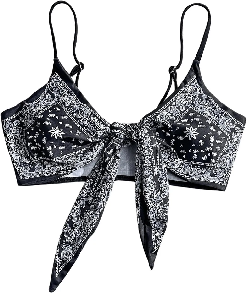 SOLY HUX Bikini Tops for Women Paisley Print Tie Front Swimsuit Bathing Suit Tops