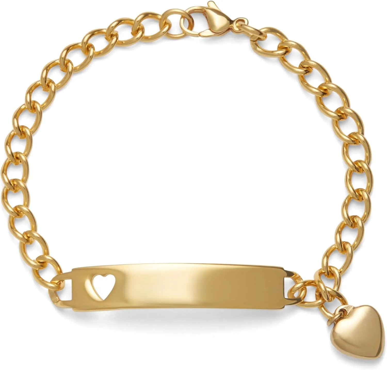 Speidel Ladies Engravable ID Bracelet With Heart Cut Out Plaque And Heart Charm Silver & Gold Tone