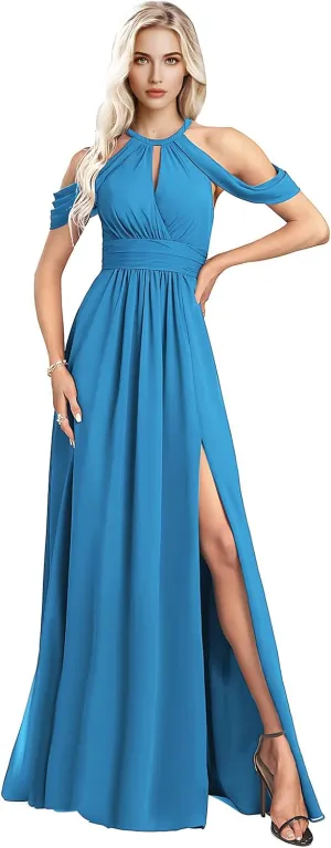 Split Pleated Long Chiffon Bridesmaid Dresses for Women 2025 Modest Sleeveless Floor Length Wedding Guest Gown
