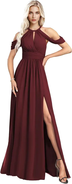Split Pleated Long Chiffon Bridesmaid Dresses for Women 2025 Modest Sleeveless Floor Length Wedding Guest Gown