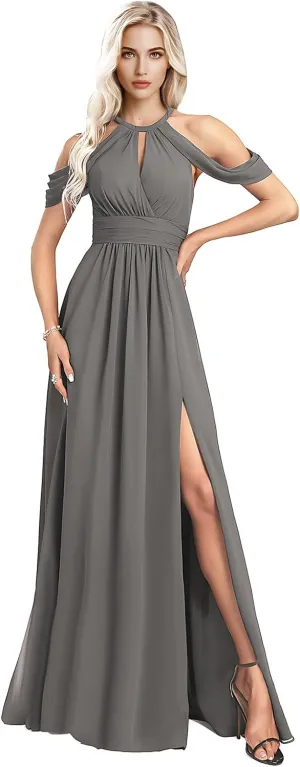 Split Pleated Long Chiffon Bridesmaid Dresses for Women 2025 Modest Sleeveless Floor Length Wedding Guest Gown