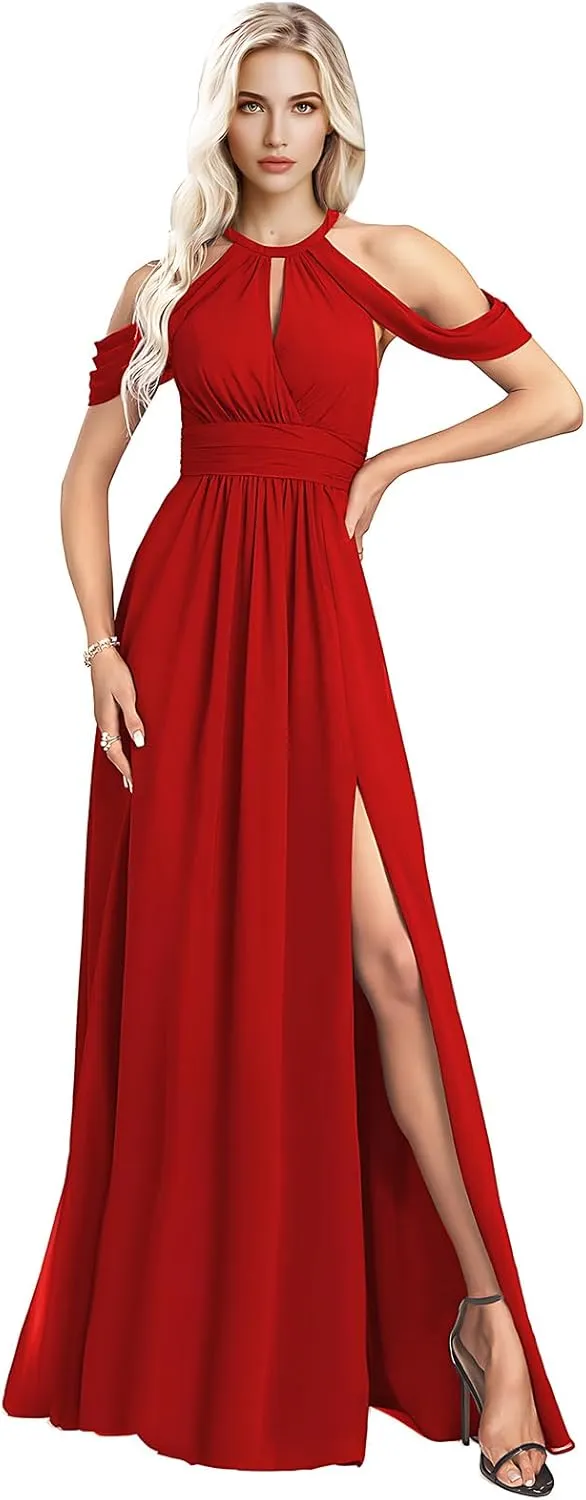 Split Pleated Long Chiffon Bridesmaid Dresses for Women 2025 Modest Sleeveless Floor Length Wedding Guest Gown