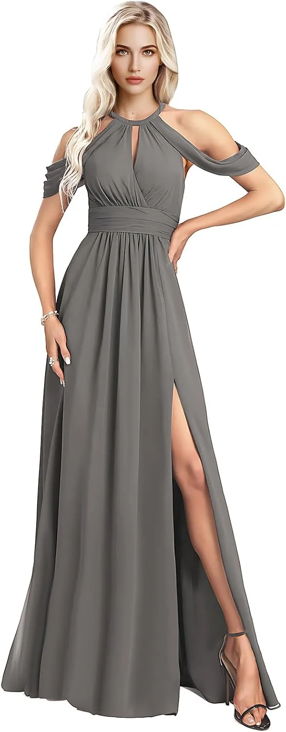 Split Pleated Long Chiffon Bridesmaid Dresses for Women 2025 Modest Sleeveless Floor Length Wedding Guest Gown