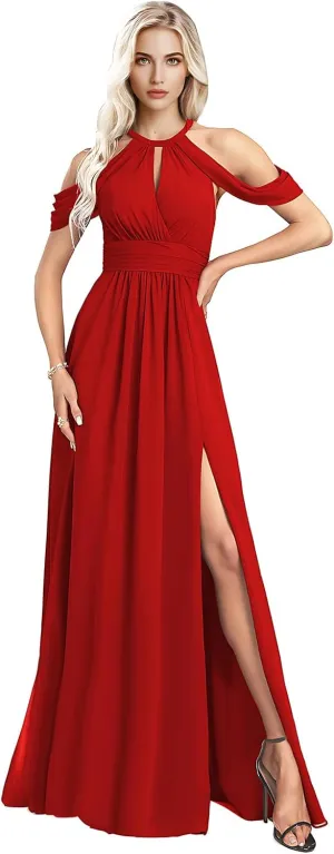 Split Pleated Long Chiffon Bridesmaid Dresses for Women 2025 Modest Sleeveless Floor Length Wedding Guest Gown