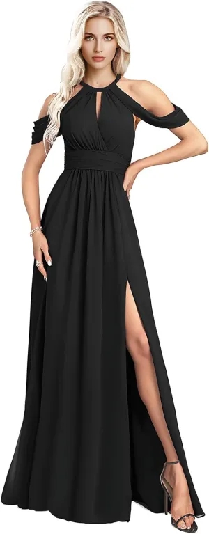 Split Pleated Long Chiffon Bridesmaid Dresses for Women 2025 Modest Sleeveless Floor Length Wedding Guest Gown