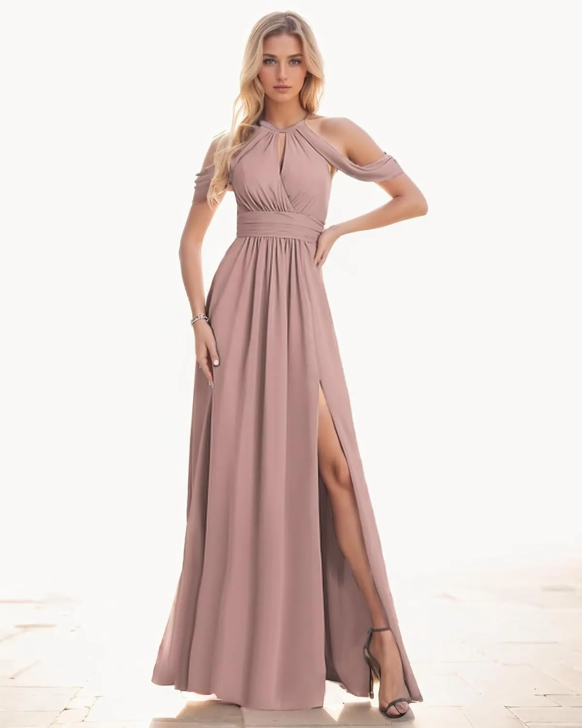 Split Pleated Long Chiffon Bridesmaid Dresses for Women 2025 Modest Sleeveless Floor Length Wedding Guest Gown