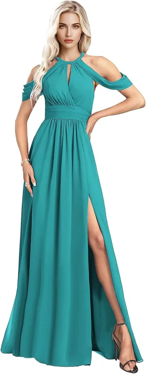 Split Pleated Long Chiffon Bridesmaid Dresses for Women 2025 Modest Sleeveless Floor Length Wedding Guest Gown