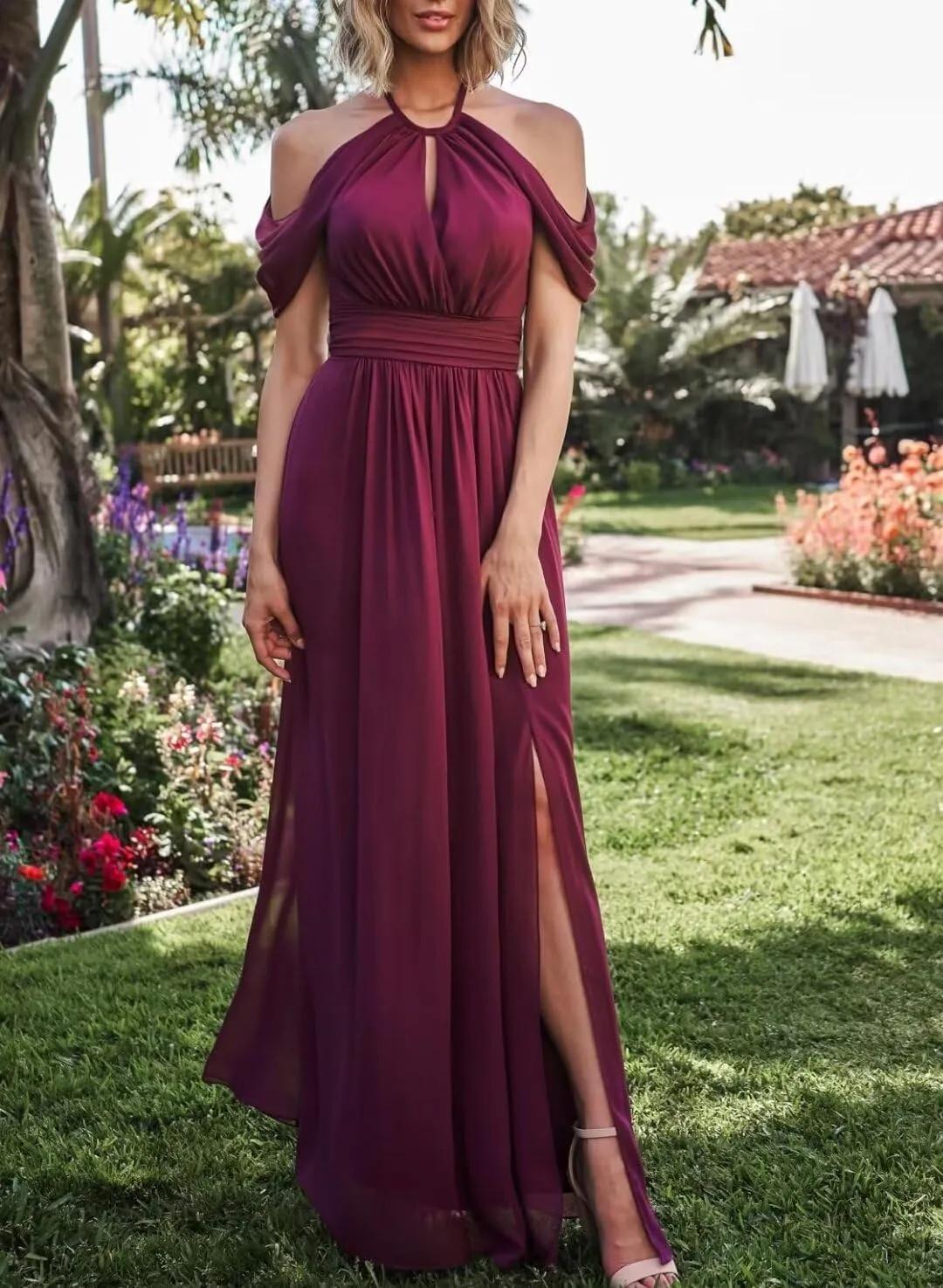 Split Pleated Long Chiffon Bridesmaid Dresses for Women 2025 Modest Sleeveless Floor Length Wedding Guest Gown