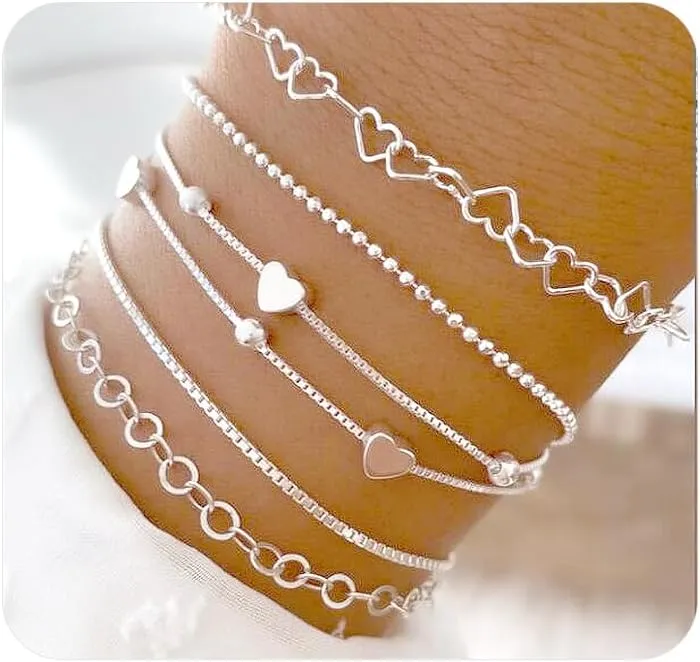 Stackable Silver Heart Beaded Bracelet Set for Women Her Layered Dainty Love Beads Bracelets Boho Thin Circle Chain Bangle Pack Jewelry Accessories