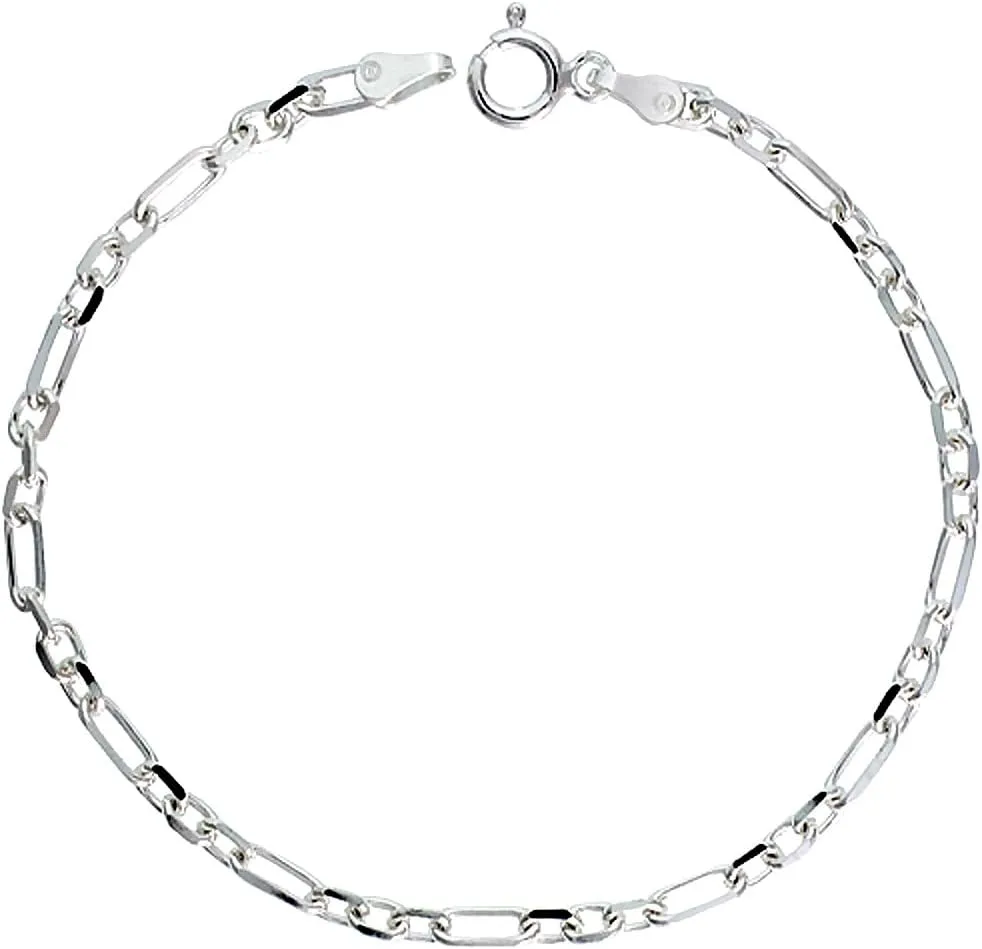 Sterling Silver Figaro Cable Link Chain Necklaces & Bracelets 3mm Beveled Nickel Free. Sizes 7-30 inch