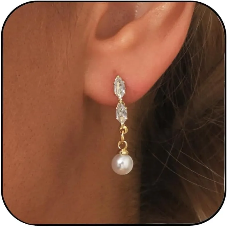 STONEFANS Pearl Earrings for Women - 14K Gold Plated Leaf Flower Bar CZ Pearl Drop Dangle Dainty Gold Earrings for Women Trendy Wedding Jewelry Bridesmaids Gifts