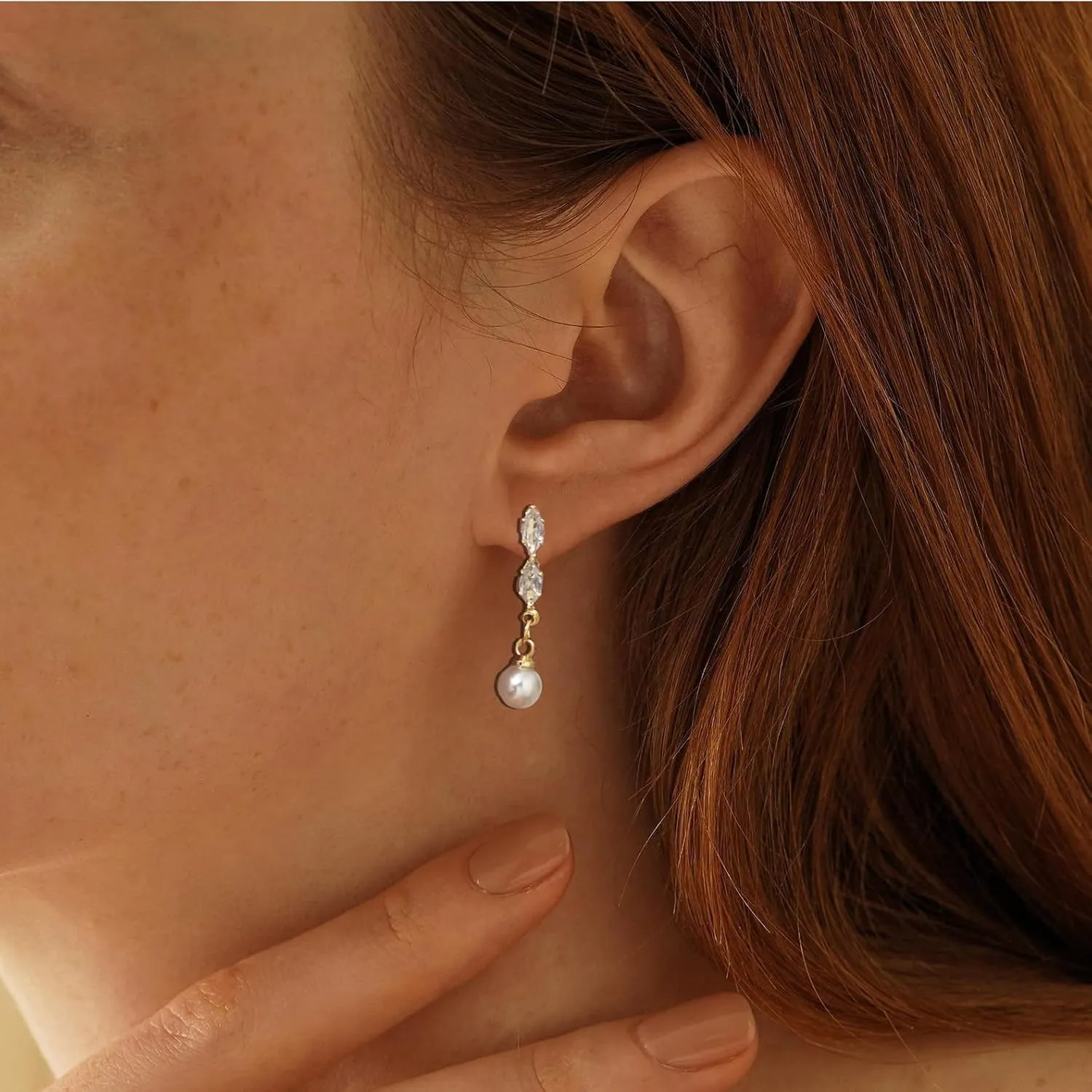 STONEFANS Pearl Earrings for Women - 14K Gold Plated Leaf Flower Bar CZ Pearl Drop Dangle Dainty Gold Earrings for Women Trendy Wedding Jewelry Bridesmaids Gifts