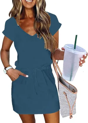 Summer Dresses for Women Short Sleeve Loose Tshirt Dress V-Neck Comfy Casual Sundresses with Pockets
