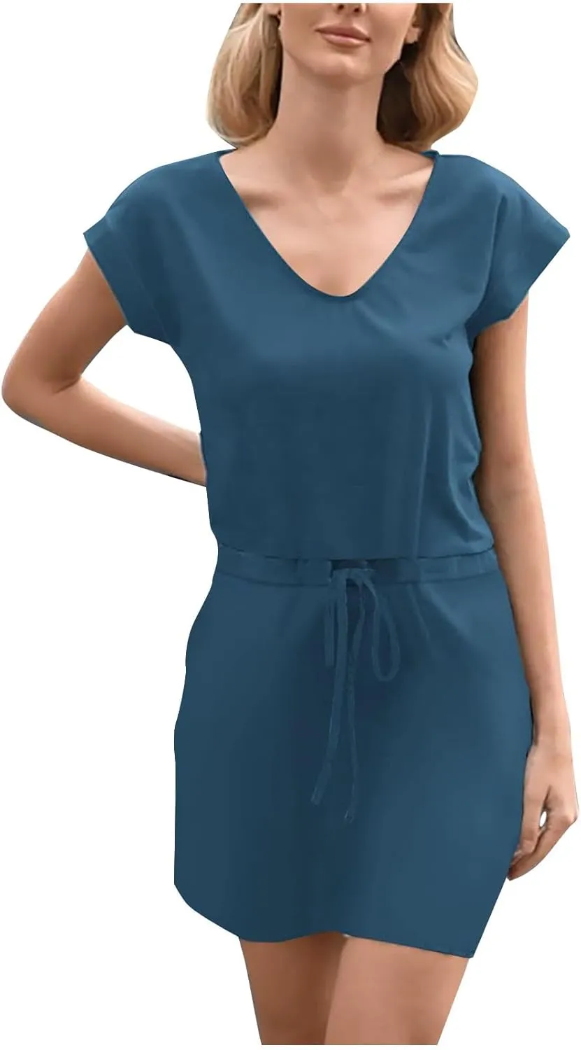 Summer Dresses for Women Short Sleeve Loose Tshirt Dress V-Neck Comfy Casual Sundresses with Pockets