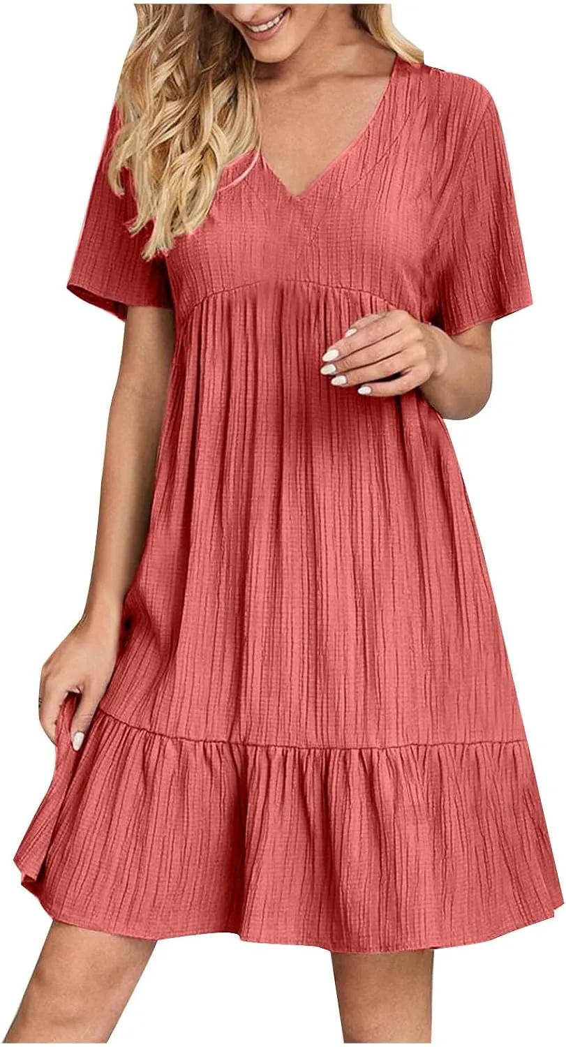 Summer Dresses for Women Short Sleeve V Neck Vacation T Shirt Dress Ruffle Pleated Flowy Beach Sundresses