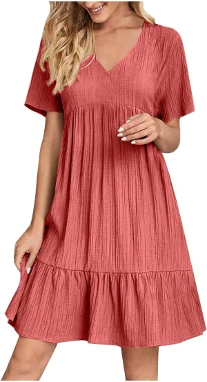 Summer Dresses for Women Short Sleeve V Neck Vacation T Shirt Dress Ruffle Pleated Flowy Beach Sundresses