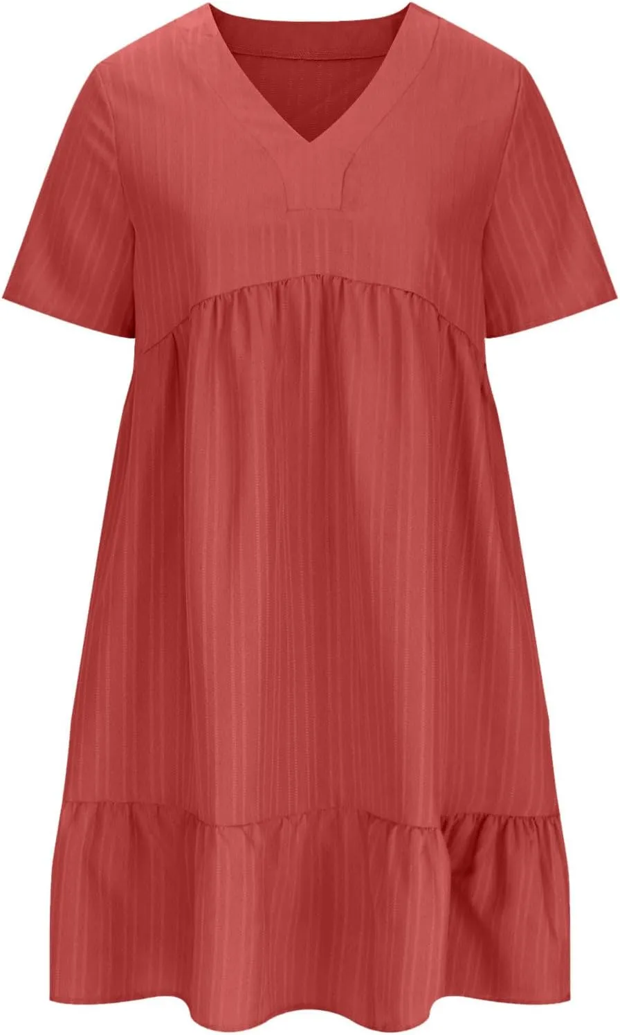 Summer Dresses for Women Short Sleeve V Neck Vacation T Shirt Dress Ruffle Pleated Flowy Beach Sundresses