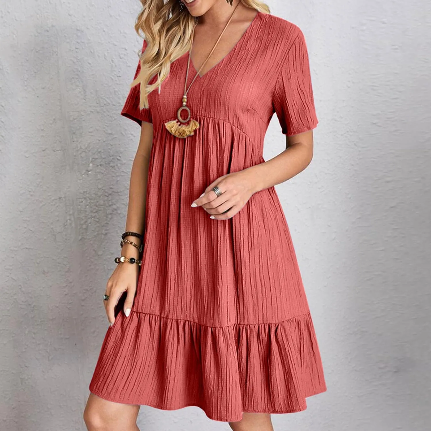 Summer Dresses for Women Short Sleeve V Neck Vacation T Shirt Dress Ruffle Pleated Flowy Beach Sundresses