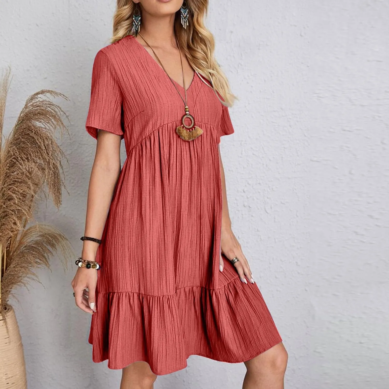 Summer Dresses for Women Short Sleeve V Neck Vacation T Shirt Dress Ruffle Pleated Flowy Beach Sundresses