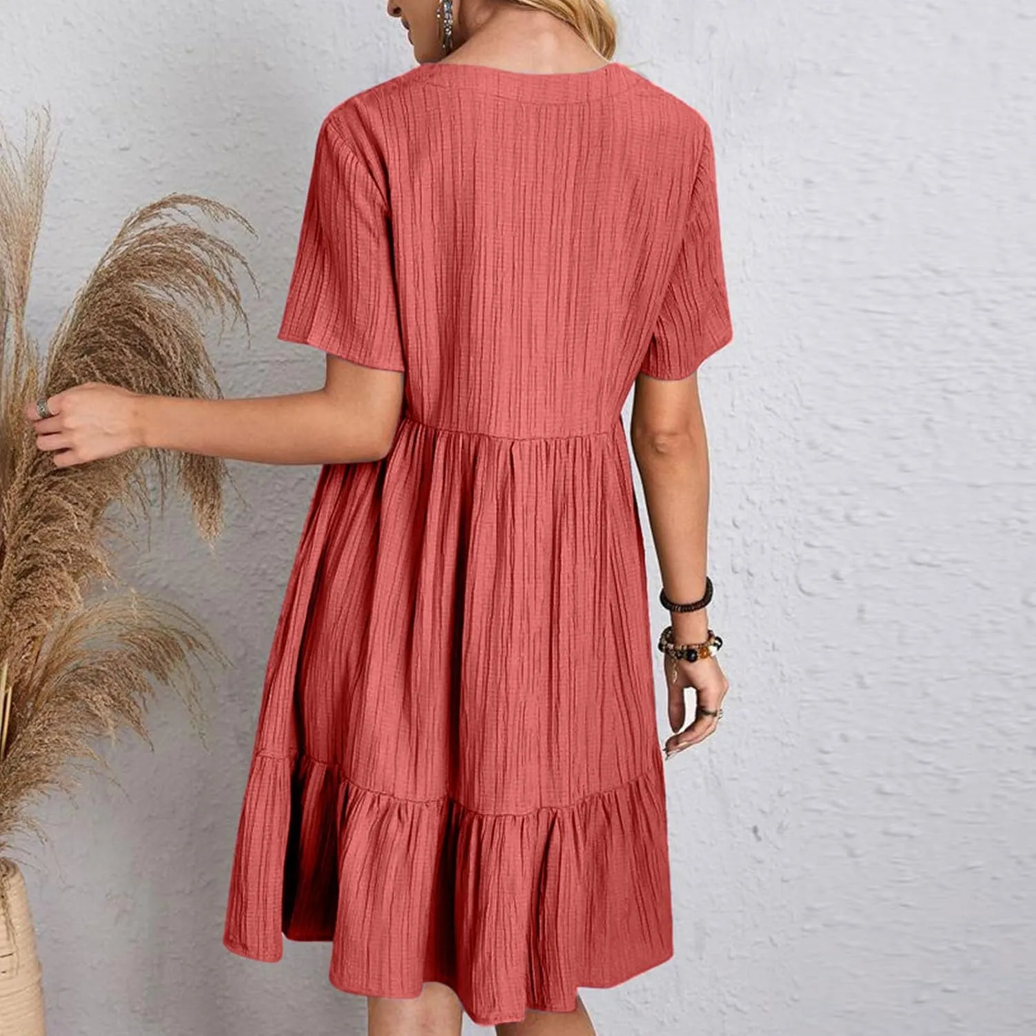 Summer Dresses for Women Short Sleeve V Neck Vacation T Shirt Dress Ruffle Pleated Flowy Beach Sundresses
