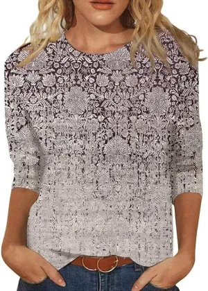 Summer Top for Women 2025 Casual Floral Boho Clothes Fashion Blouse Crew Neck 3/4 Sleeve Shirt Vintage Graphic Tees