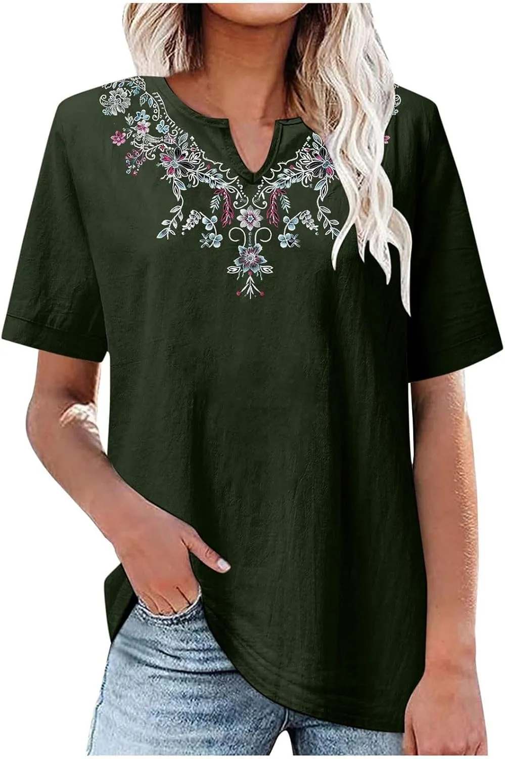 Summer Tops for Women 2025 Casual Cotton Linen Short Sleeve Blouses Trendy Cute Embroidered T Shirts Spring Clothes