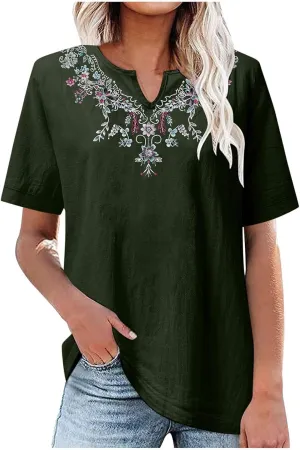 Summer Tops for Women 2025 Casual Cotton Linen Short Sleeve Blouses Trendy Cute Embroidered T Shirts Spring Clothes