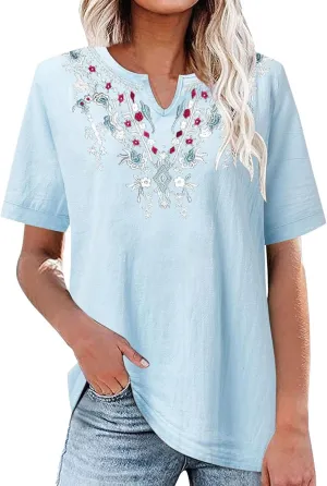 Summer Tops for Women 2025 Casual Cotton Linen Short Sleeve Blouses Trendy Cute Embroidered T Shirts Spring Clothes