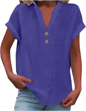 Summer Tops for Women 2025 Trendy Short Sleeve Cotton Linen Shirt Casual Button V Neck Tunic Blouses Work Outfits