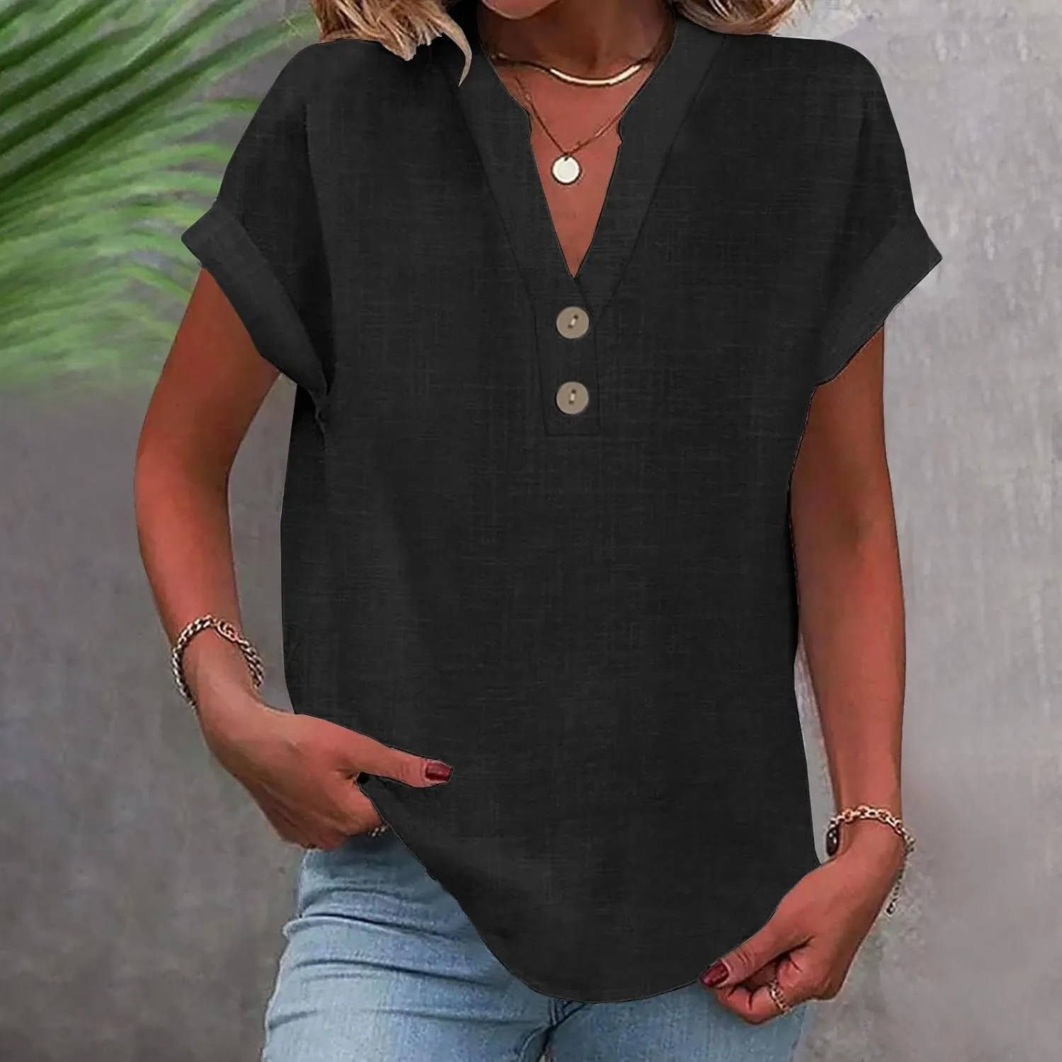 Summer Tops for Women 2025 Trendy Short Sleeve Cotton Linen Shirt Casual Button V Neck Tunic Blouses Work Outfits