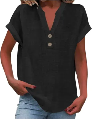 Summer Tops for Women 2025 Trendy Short Sleeve Cotton Linen Shirt Casual Button V Neck Tunic Blouses Work Outfits