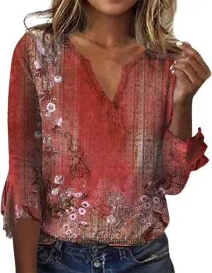 Summer Tops for Women Boho 3/4 Sleeve Vintage Floral Shirts Plus Size Ruffle Sleeve V Neck Tshirt Fashion Blouses