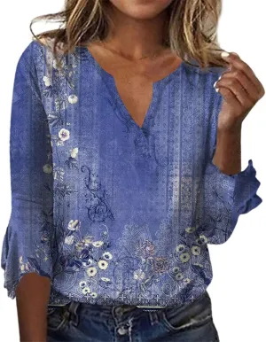 Summer Tops for Women Boho 3/4 Sleeve Vintage Floral Shirts Plus Size Ruffle Sleeve V Neck Tshirt Fashion Blouses
