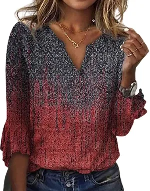 Summer Tops for Women Boho 3/4 Sleeve Vintage Floral Shirts Plus Size Ruffle Sleeve V Neck Tshirt Fashion Blouses