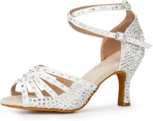 SWDZM Women's Latin Dance Shoes Satin Rhinestone Professional Ballroom Salsa Practice Performance Dance Shoes,Model-YCL430,