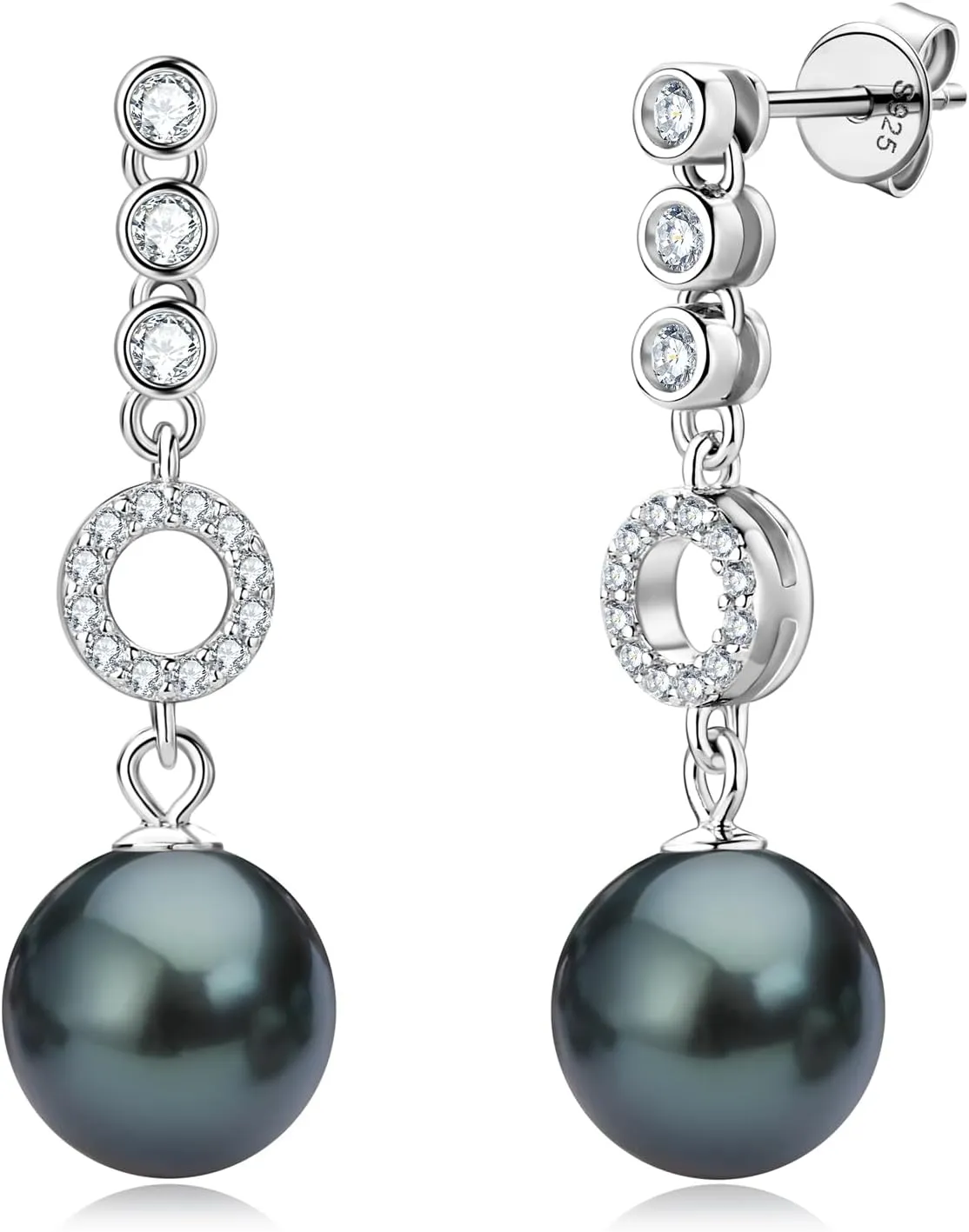 Tahitian Black Pearl Dangle Earrings, Handpicked 9-10mm Genuine Tahitian Cultured Pearls With Moissanite, 925 Sterling Silver Drop Earrings for Women