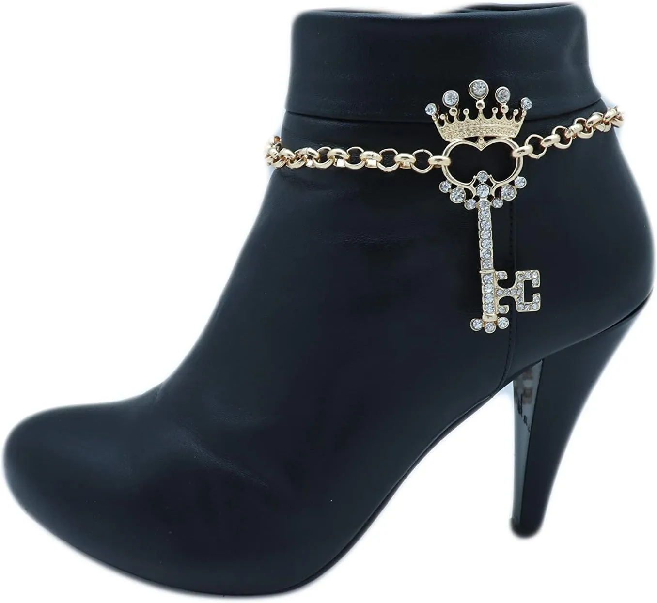 TFJ Women Boot Bracelet Gold Metal Chain Links Bling Western Fashion Jewelry Anklet Shoe King Crown Key Charm