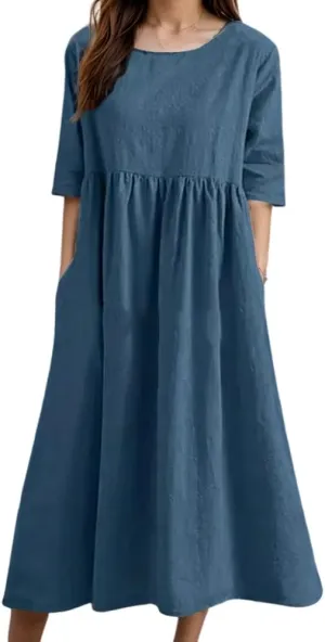 TIAFORD Women's Boho Floral Print Short Sleeve Dress Summer Casual Crew Neck Plus Size Empire Waist Maxi Dresses with Pockets