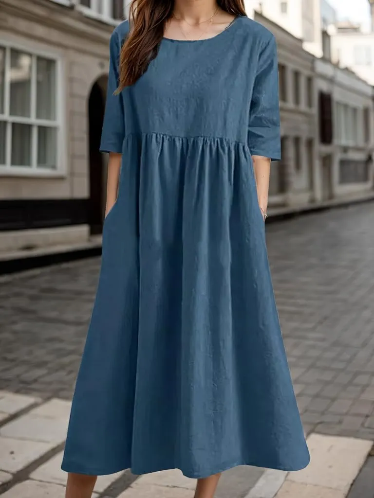 TIAFORD Women's Boho Floral Print Short Sleeve Dress Summer Casual Crew Neck Plus Size Empire Waist Maxi Dresses with Pockets