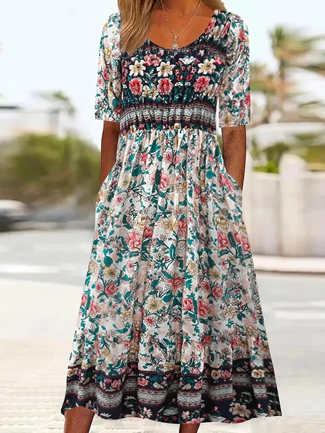 TIAFORD Women's Boho Floral Print Short Sleeve Dress Summer Casual Crew Neck Plus Size Empire Waist Maxi Dresses with Pockets