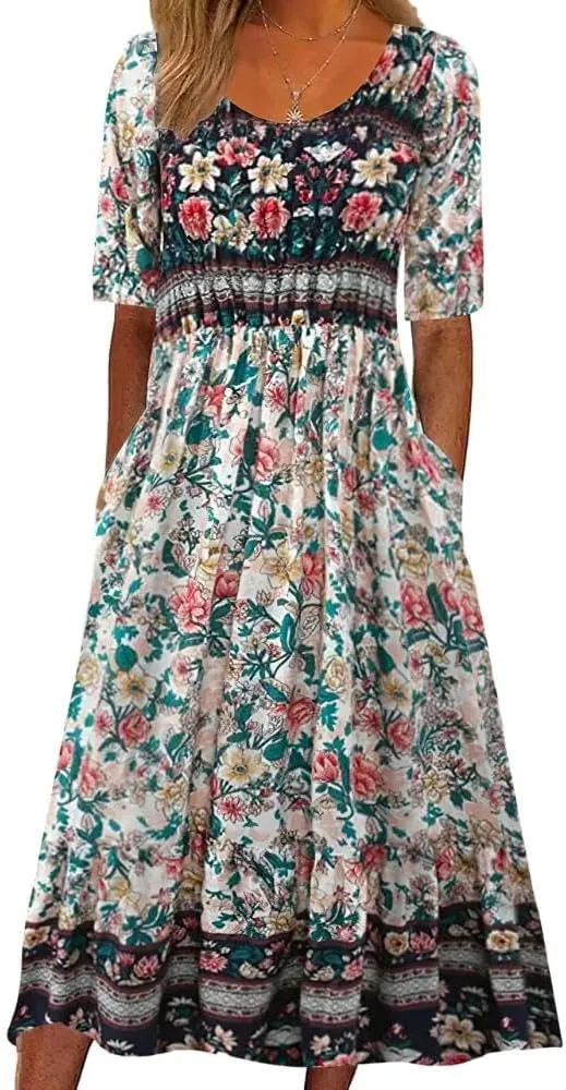 TIAFORD Women's Boho Floral Print Short Sleeve Dress Summer Casual Crew Neck Plus Size Empire Waist Maxi Dresses with Pockets