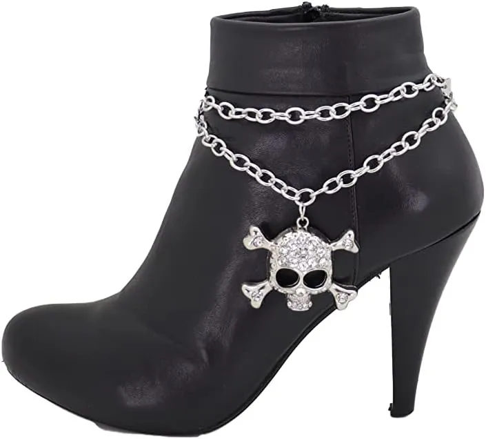 TrendyFashionJewelry Women Western Boot Chain Bracelet Silver Metal Shoe Strap Anklet Motorcycle Biker Skeleton Skull Charm