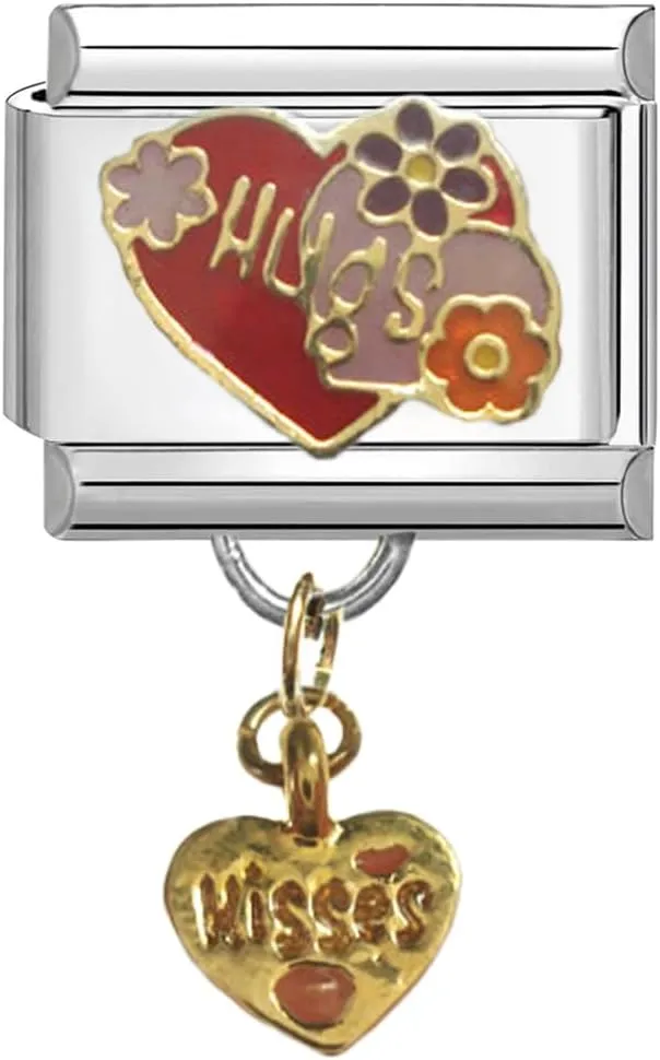 UNY JEWEL Italian Charm 9mm Stainless Steel Hugs and Kisses Heart Design with Dangle Modular Charm Link for Bracelets Unisex Jewelry