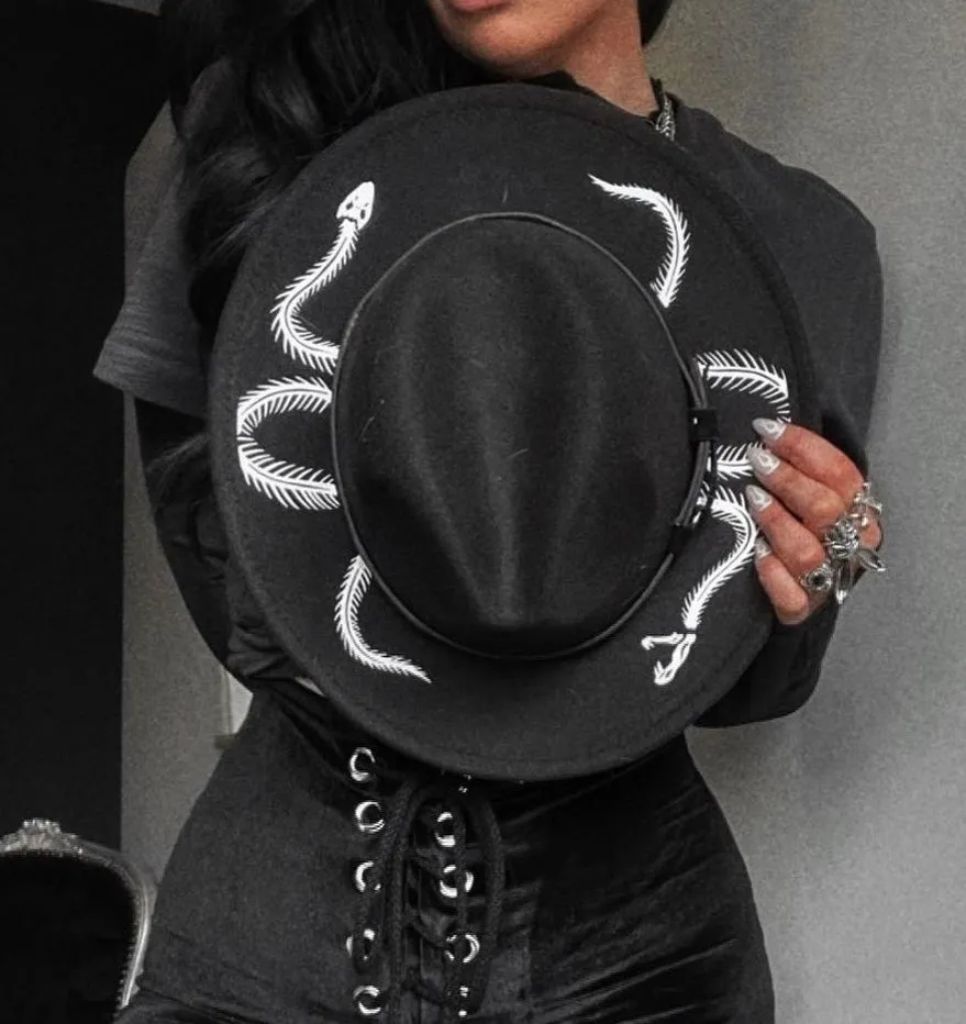 Vegan Felt Wide Brim Hat - Snake Skeleton