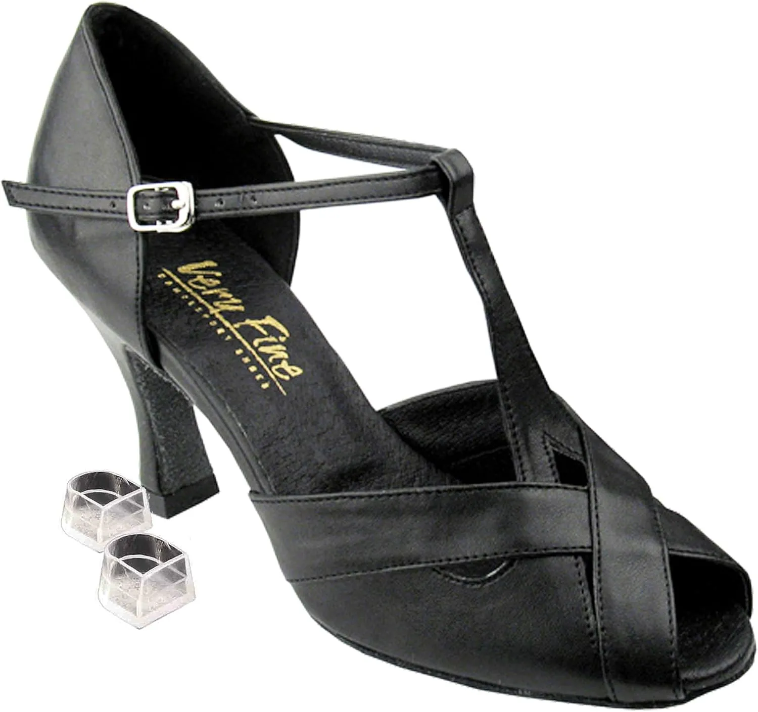 Very Fine Women's Salsa Ballroom Tango Latin Dance Shoes Style 2703 Bundle with Plastic Dance Shoe Heel Protectors, Black Leather 4.5 M US Heel 2.5 Inch